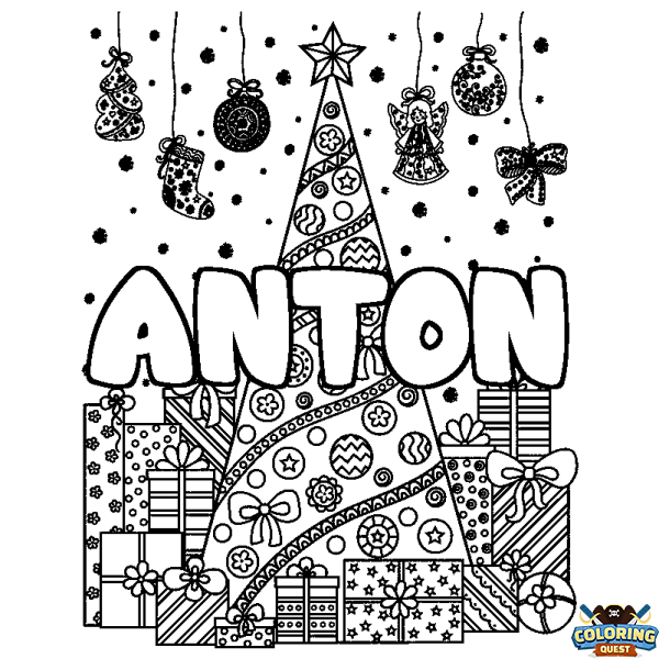 Coloring page first name ANTON - Christmas tree and presents background