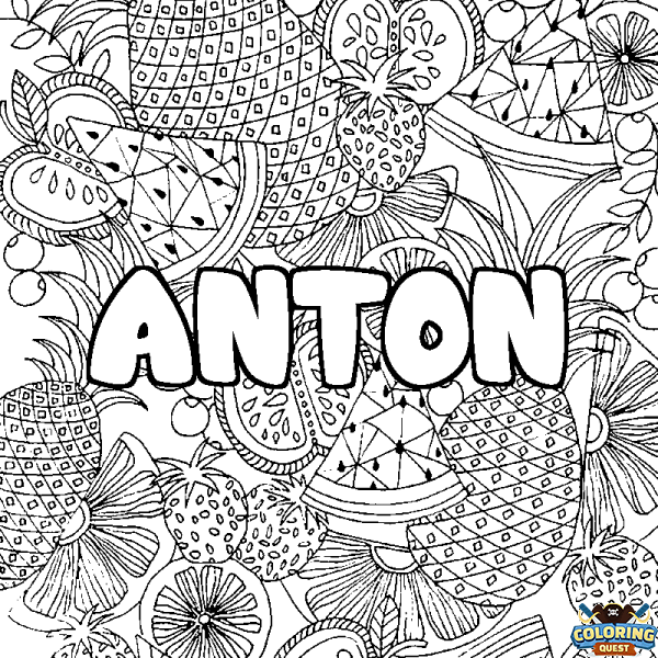 Coloring page first name ANTON - Fruits mandala background