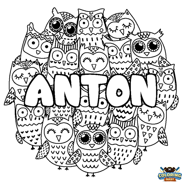 Coloring page first name ANTON - Owls background