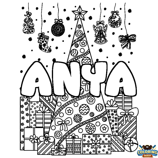 Coloring page first name ANYA - Christmas tree and presents background