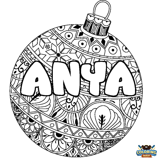 Coloring page first name ANYA - Christmas tree bulb background