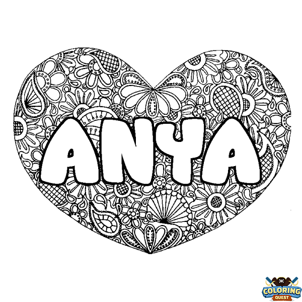 Coloring page first name ANYA - Heart mandala background