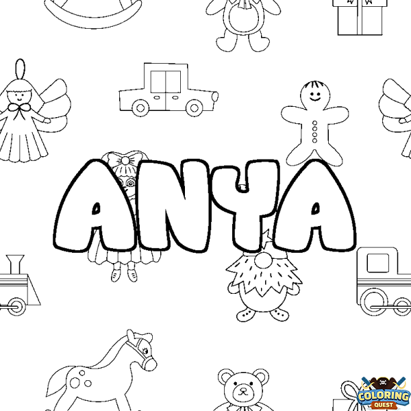 Coloring page first name ANYA - Toys background