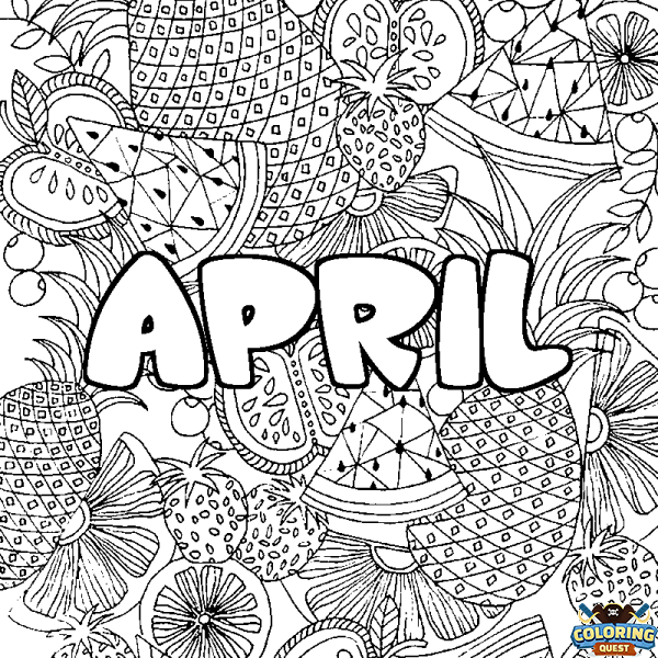 Coloring page first name APRIL - Fruits mandala background