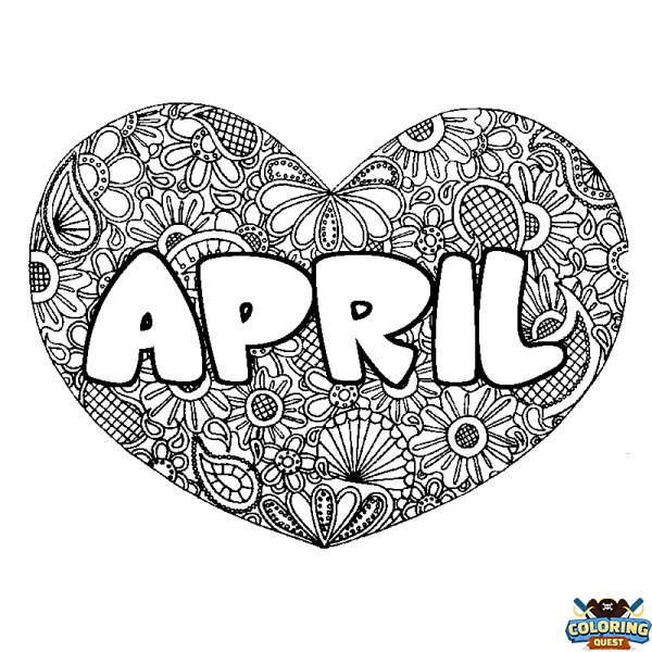 Coloring page first name APRIL - Heart mandala background