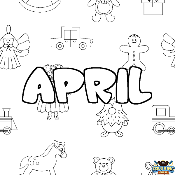 Coloring page first name APRIL - Toys background