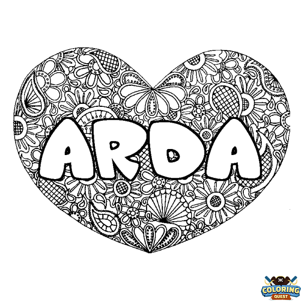 Coloring page first name ARDA - Heart mandala background