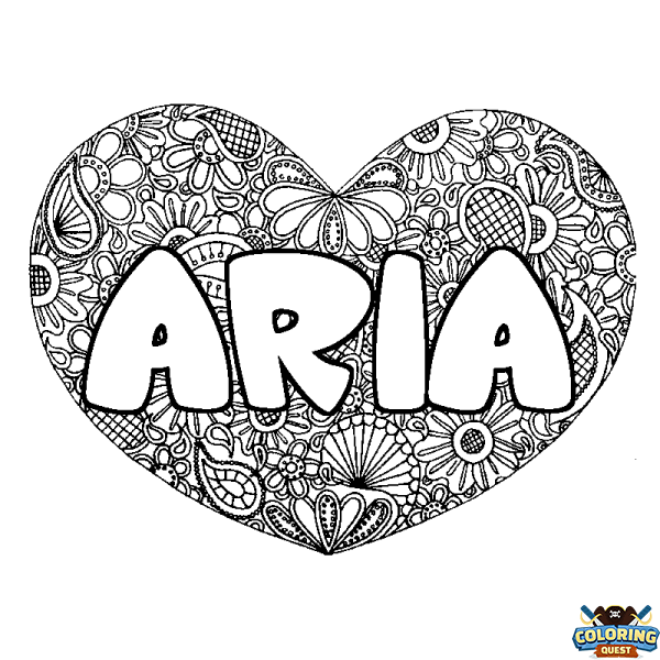 Coloring page first name ARIA - Heart mandala background