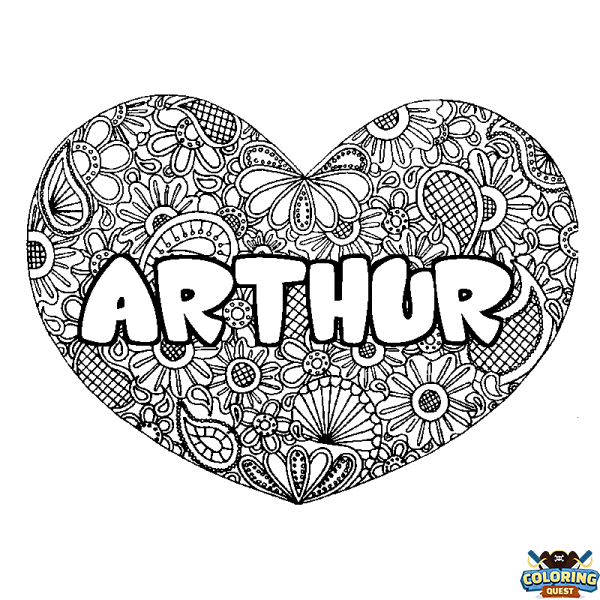 Coloring page first name ARTHUR - Heart mandala background