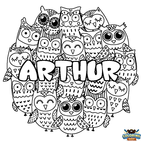 Coloring page first name ARTHUR - Owls background