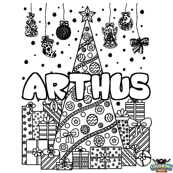 Coloring page first name ARTHUS - Christmas tree and presents background