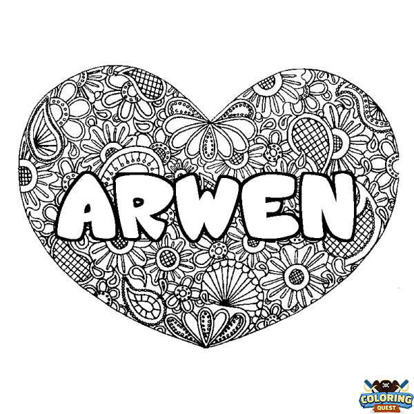 Coloring page first name ARWEN - Heart mandala background