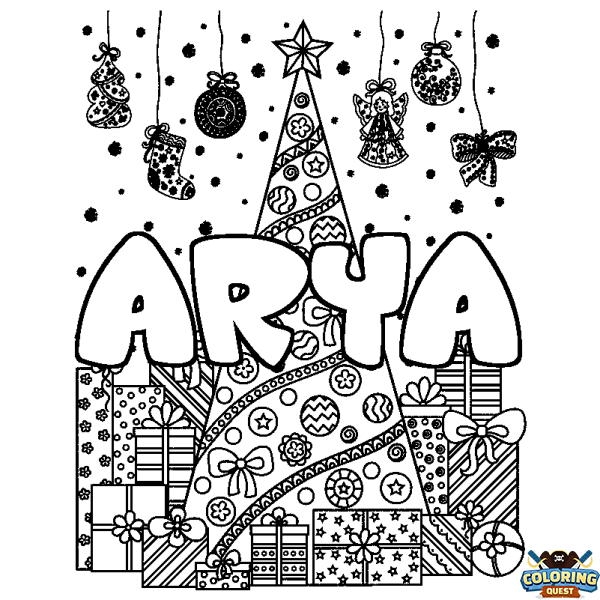 Coloring page first name ARYA - Christmas tree and presents background