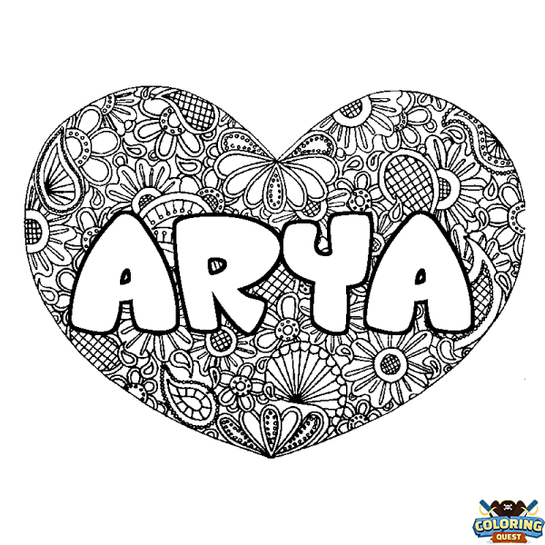 Coloring page first name ARYA - Heart mandala background