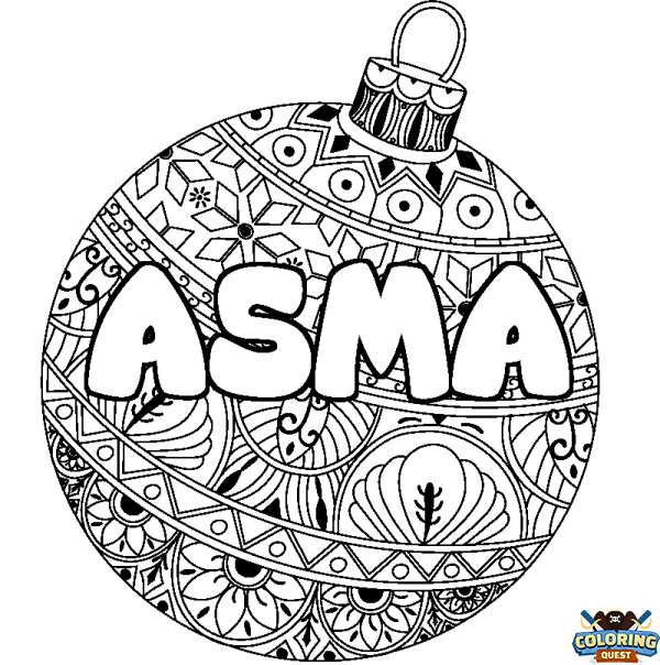 Coloring page first name ASMA - Christmas tree bulb background