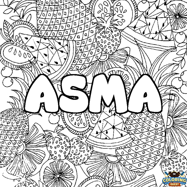 Coloring page first name ASMA - Fruits mandala background