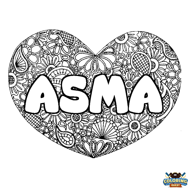 Coloring page first name ASMA - Heart mandala background