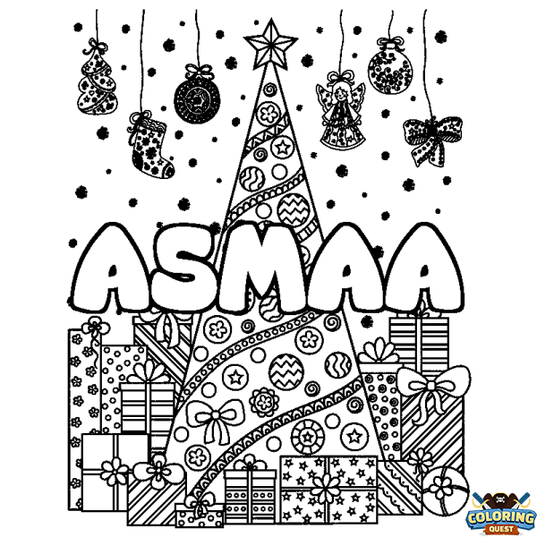 Coloring page first name ASMAA - Christmas tree and presents background