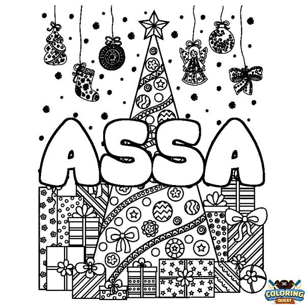 Coloring page first name ASSA - Christmas tree and presents background