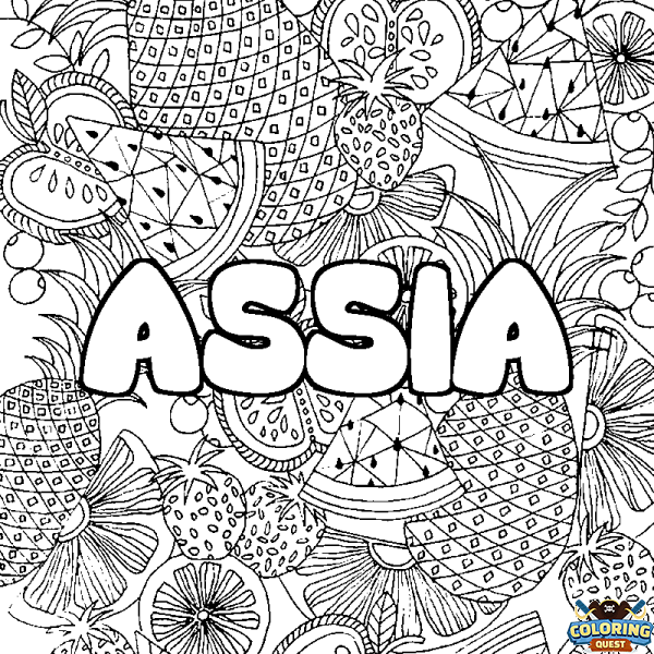 Coloring page first name ASSIA - Fruits mandala background