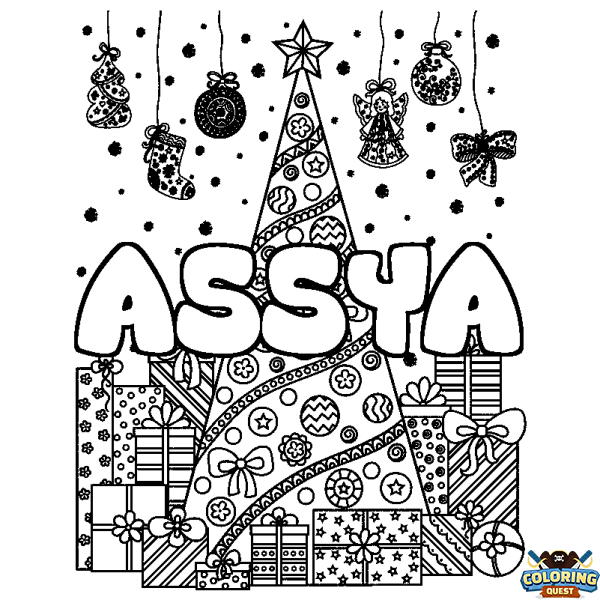 Coloring page first name ASSYA - Christmas tree and presents background