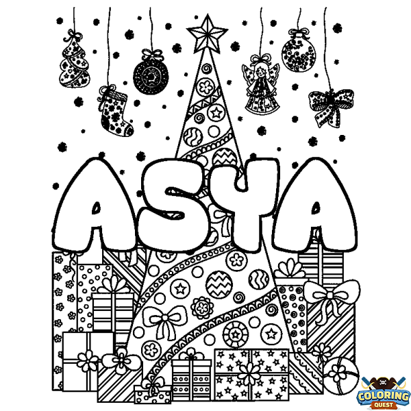 Coloring page first name ASYA - Christmas tree and presents background