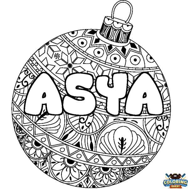 Coloring page first name ASYA - Christmas tree bulb background