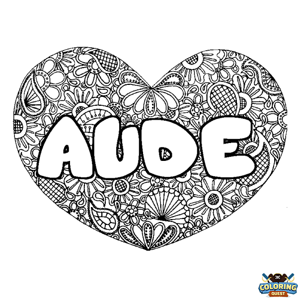 Coloring page first name AUDE - Heart mandala background