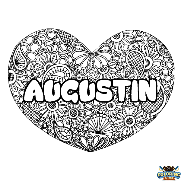 Coloring page first name AUGUSTIN - Heart mandala background