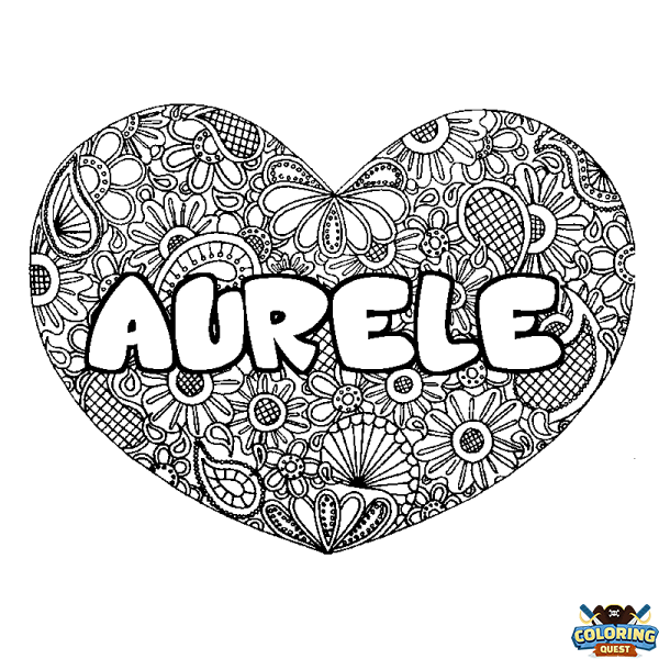 Coloring page first name AURELE - Heart mandala background