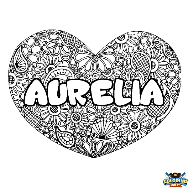 Coloring page first name AURELIA - Heart mandala background