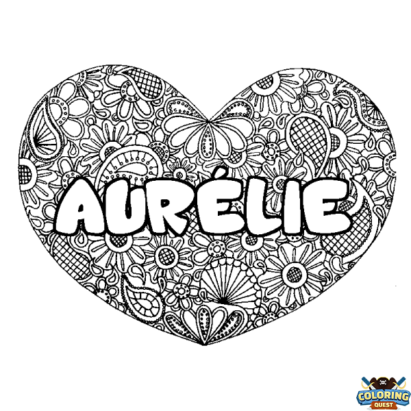 Coloring page first name AUR&Eacute;LIE - Heart mandala background