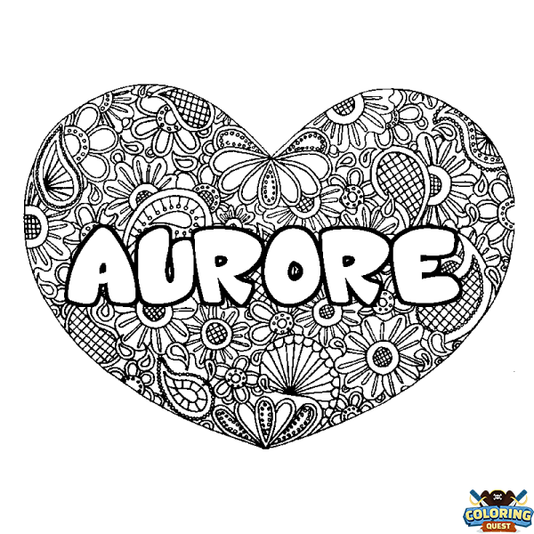 Coloring page first name AURORE - Heart mandala background