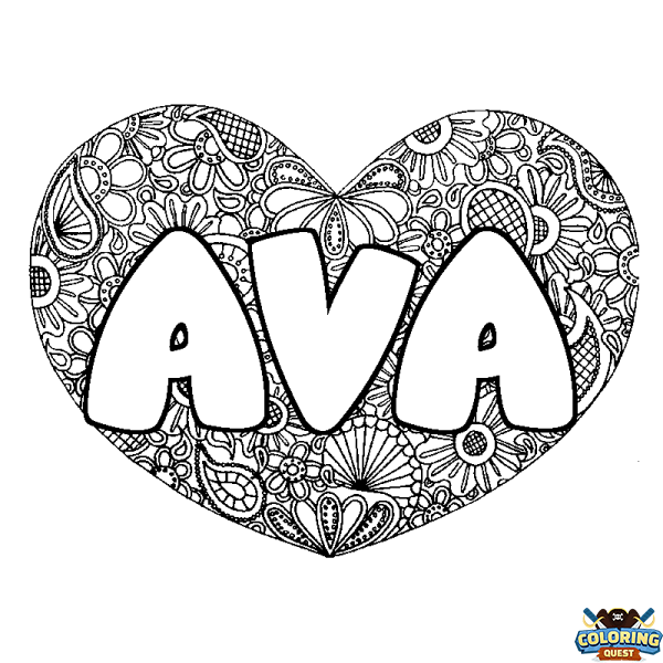 Coloring page first name AVA - Heart mandala background