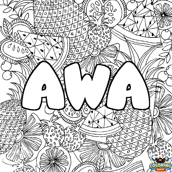 Coloring page first name AWA - Fruits mandala background