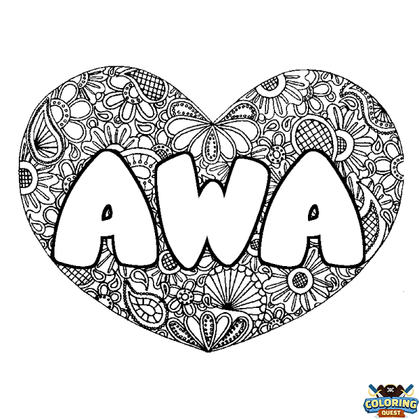 Coloring page first name AWA - Heart mandala background