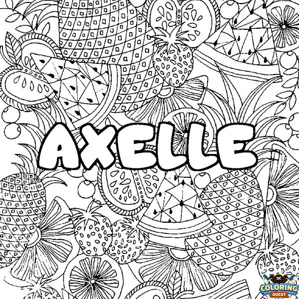 Coloring page first name AXELLE - Fruits mandala background