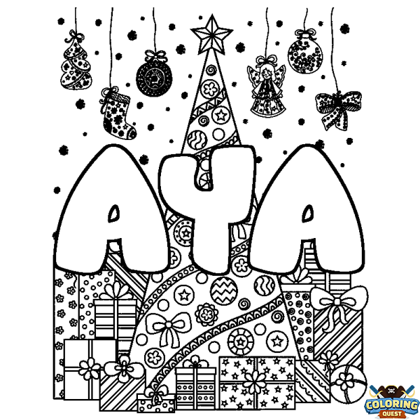 Coloring page first name AYA - Christmas tree and presents background