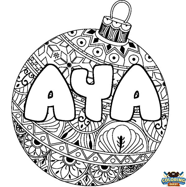 Coloring page first name AYA - Christmas tree bulb background