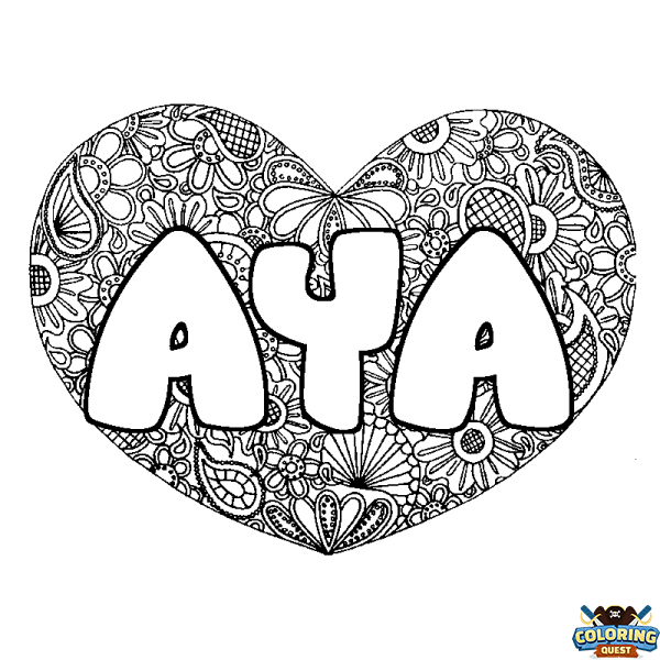 Coloring page first name AYA - Heart mandala background