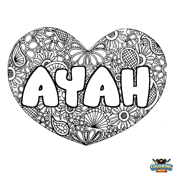 Coloring page first name AYAH - Heart mandala background