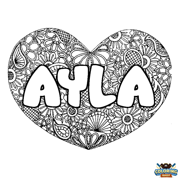 Coloring page first name AYLA - Heart mandala background