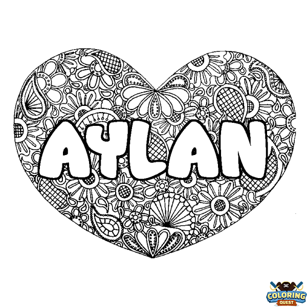 Coloring page first name AYLAN - Heart mandala background