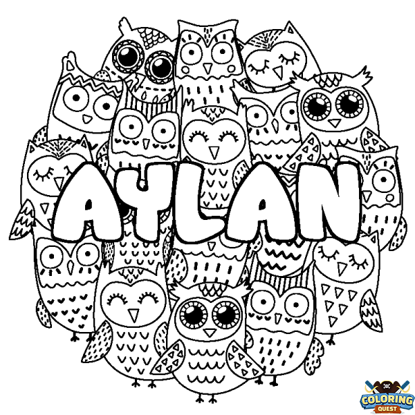 Coloring page first name AYLAN - Owls background