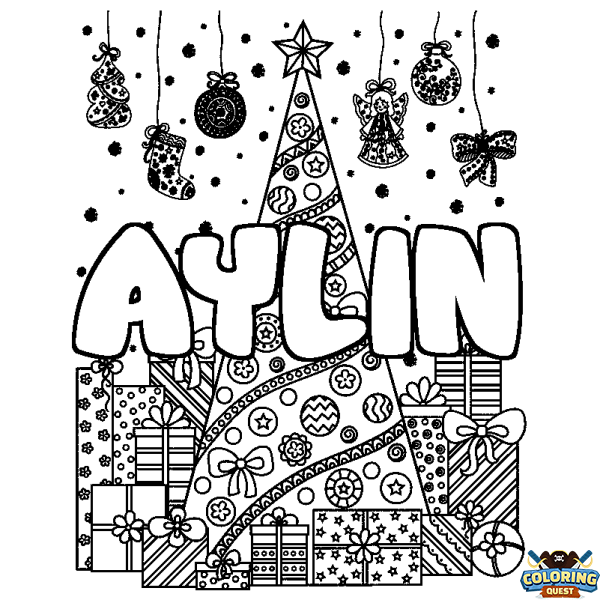 Coloring page first name AYLIN - Christmas tree and presents background