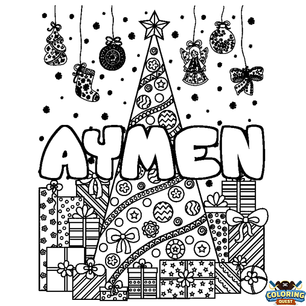 Coloring page first name AYMEN - Christmas tree and presents background