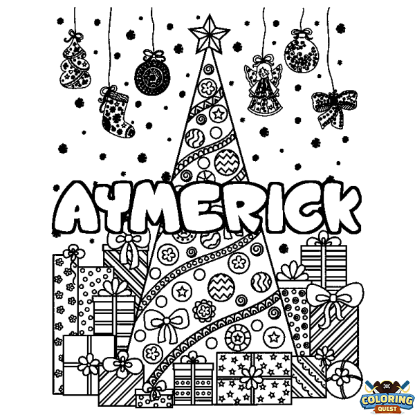 Coloring page first name AYMERICK - Christmas tree and presents background