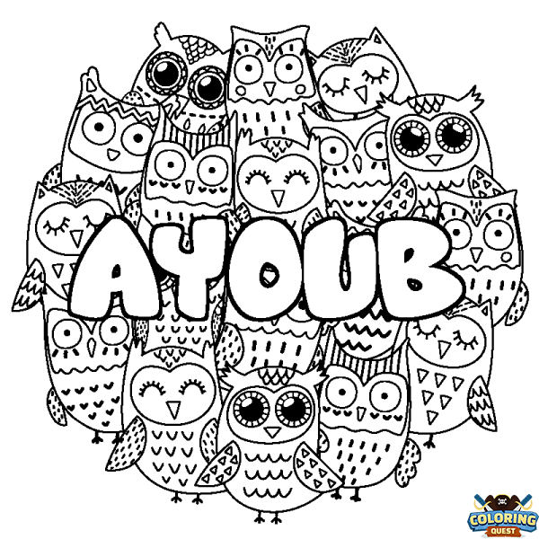 Coloring page first name AYOUB - Owls background