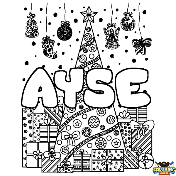 Coloring page first name AYSE - Christmas tree and presents background