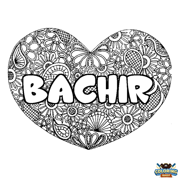 Coloring page first name BACHIR - Heart mandala background